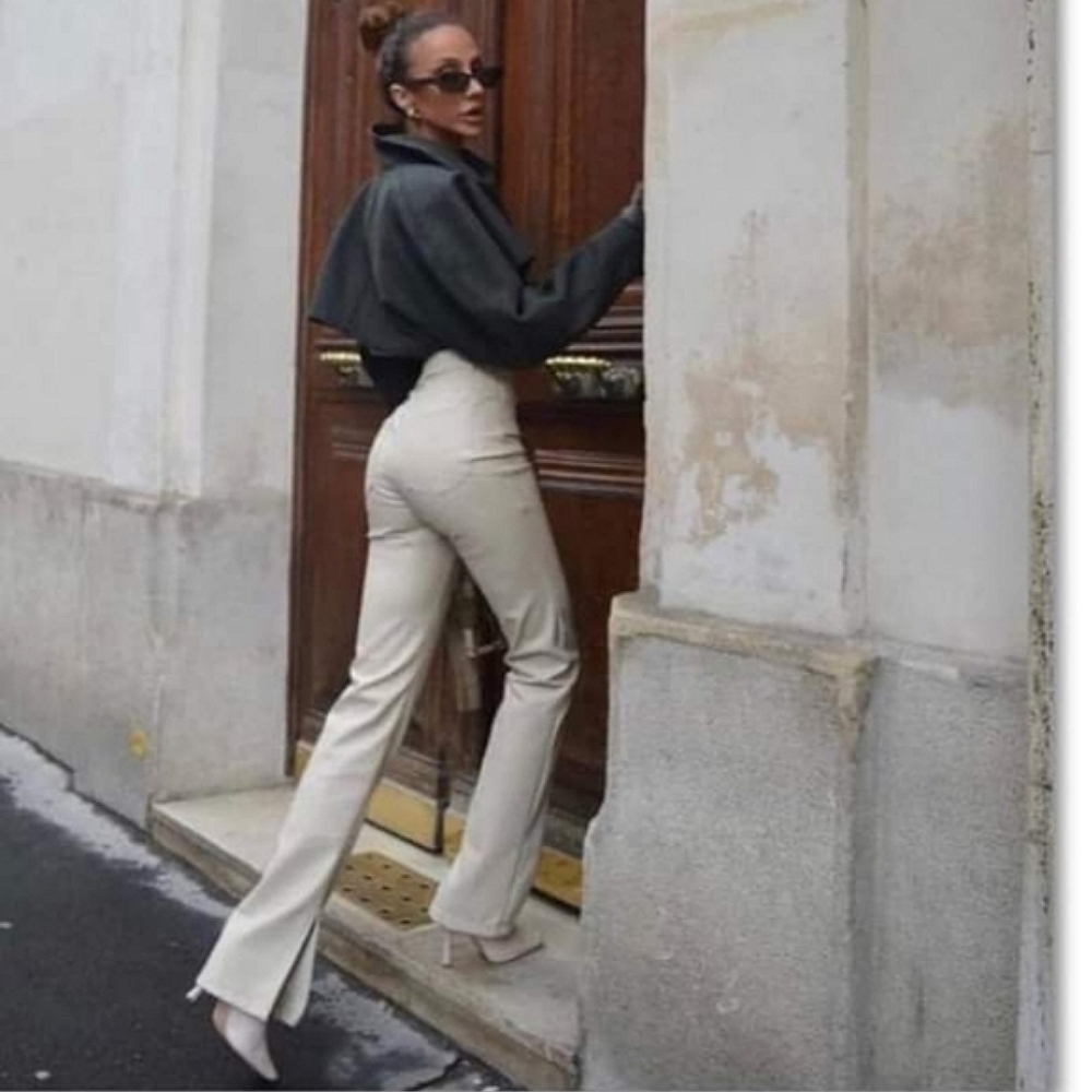 Zara * Faux Leather Cream Pants Slit - Picture 8 of 16